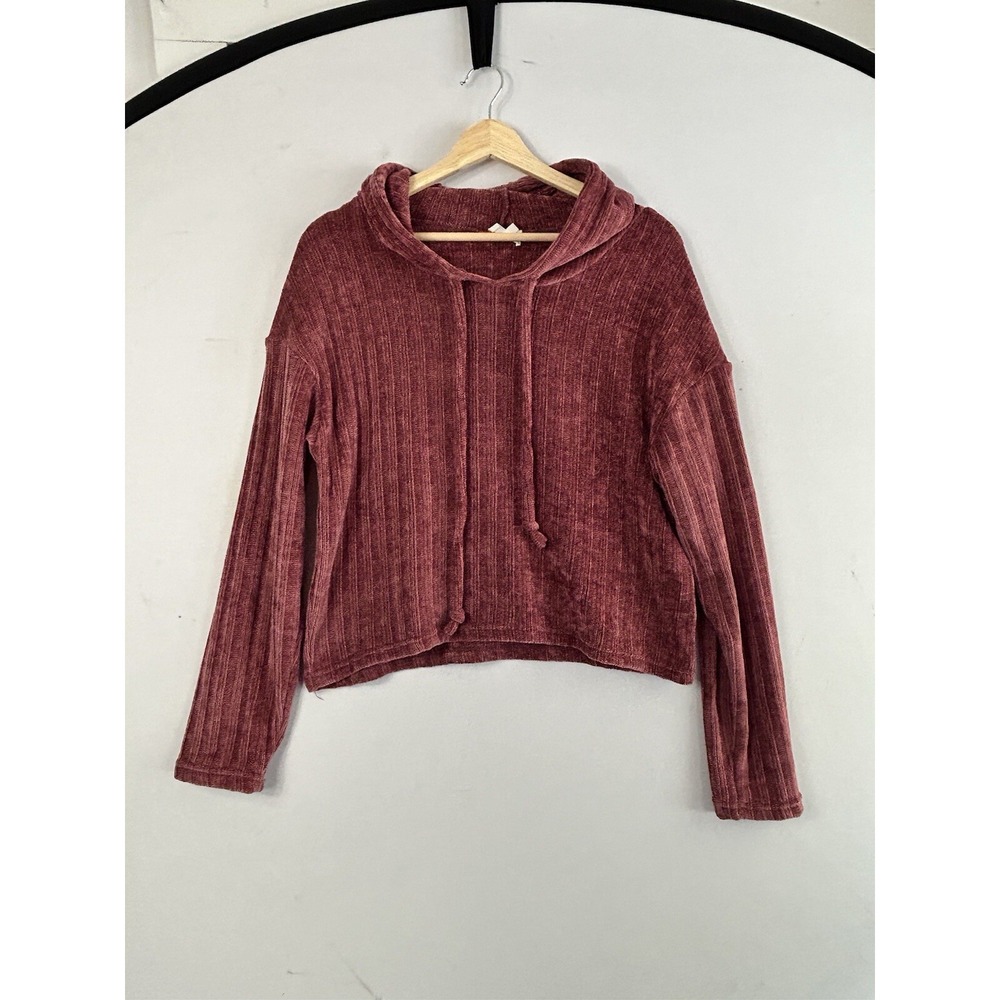 Dee Elly Cropped Hooded Ribbed‎ Sweater Velour Burgundy Cozy Soft Boxy Medium